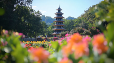 A serene pagoda stands amidst a vibrant flower garden, creating a tranquil atmosphere. Perfect for capturing the beauty of nature and architecture.の素材