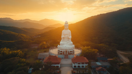 A serene white Buddha statue sits majestically against a stunning sunset in a mountainous landscape, embodying peace and spirituality.の素材