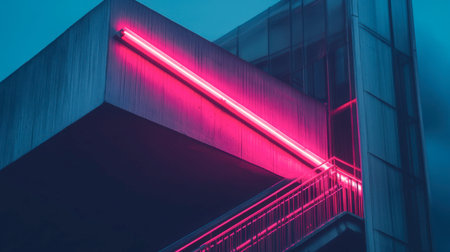 A striking image of modern architecture highlighted by vibrant neon lighting. The angle showcases a sleek staircase and contemporary design elements against a twilight backdrop.の素材