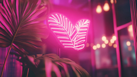A vibrant neon leaf light glowing amidst tropical plants, creating a stylish indoor ambiance. Perfect for enhancing modern decor and capturing a lively atmosphere.の素材