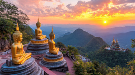 Experience a tranquil sunset scene featuring golden Buddha statues overlooking a mountainous landscape, evoking a sense of peace and spirituality.の素材