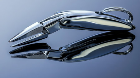 A sleek silver multi-tool showcasing a modern design, reflecting beautifully on a smooth surface. Ideal for showcasing craftsmanship and utility in images.の素材