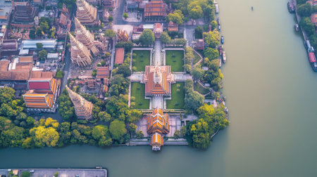 Capture the beauty of a serene temple nestled by a river, showcasing intricate architecture and lush greenery, perfect for cultural exploration and relaxation.の素材