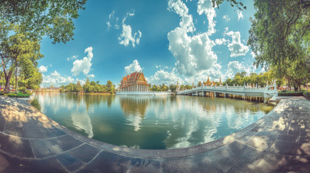 A stunning panoramic view of a traditional Thai temple reflected in calm waters, surrounded by lush greenery and bright blue skies, offering a tranquil escape.の素材
