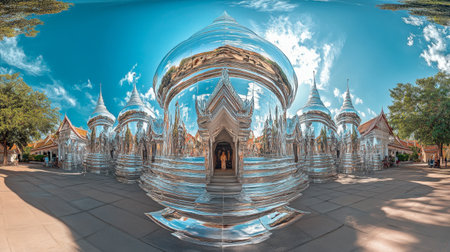 Capture the breathtaking reflections of a serene temple under a bright blue sky. This architectural wonder invites exploration and peaceful contemplation.の素材