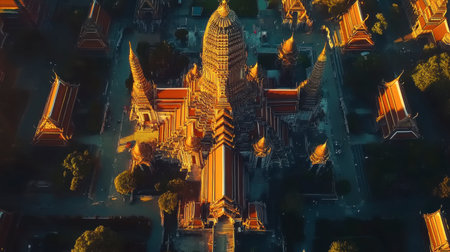 A stunning aerial view of a majestic temple complex at golden hour, showcasing intricate architecture and vibrant colors beneath a serene sky.の素材