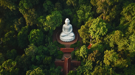 Aerial view of a serene Buddha statue surrounded by lush greenery, embodying tranquility and spirituality. Perfect for themes of nature and meditation.の素材