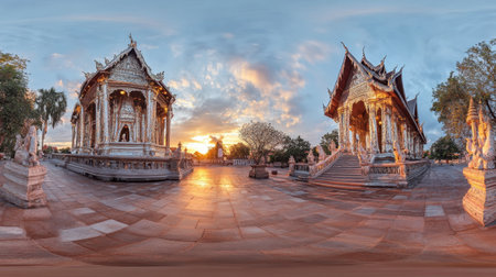 Captivating view of ornate temples at sunset, showcasing stunning architecture and a vibrant sky. Ideal for travel and cultural themes.の素材