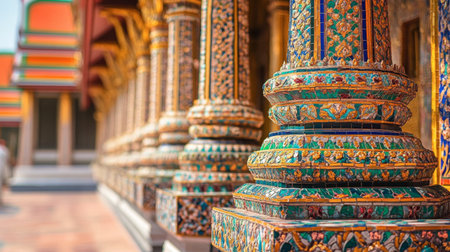 Explore the intricate design of ornate columns in a vibrant temple. This close-up photo captures the beauty and craftsmanship of traditional architecture.の素材