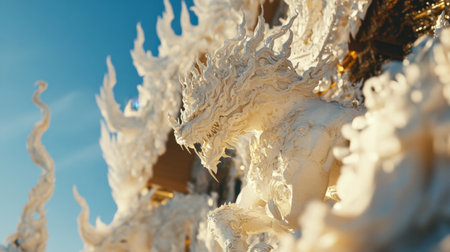 A stunning intricate white dragon sculpture set against a clear blue sky. Captures the beauty of craftsmanship and mythical design in architectural art.の素材