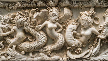 Stunning stone relief featuring intricate carvings of mythical creatures and female figures. A mesmerizing blend of art and history, showcasing exceptional craftsmanship.の素材