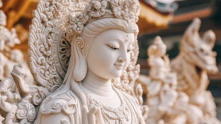 This stunning marble statue of a goddess captures serene beauty and intricate details, providing a tranquil focal point in any outdoor setting.の素材