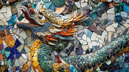 This stunning mosaic features a vibrant dragon artwork made from colorful ceramic tiles. The intricate details and bright colors create a captivating wall display, showcasing craftsmanship and artistic creativity.の素材