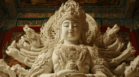 A majestic white statue of Avalokiteshvara, surrounded by intricate details and multiple hands, symbolizes compassion and protection in a spiritual setting.の素材