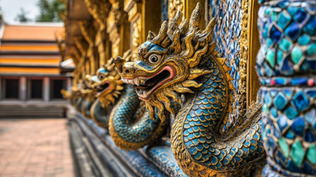 A beautifully crafted dragon sculpture adorns the entrance of a temple, showcasing intricate details and vibrant colors, symbolizing culture and tradition.の素材