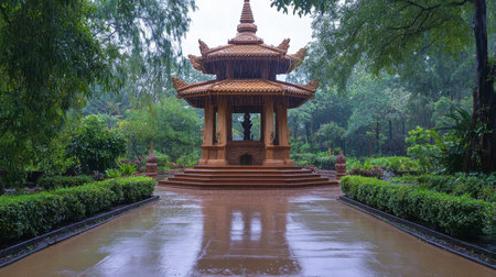 A beautiful temple stands in a lush garden, surrounded by greenery and reflecting puddles, creating a tranquil atmosphere during a rainy day.の素材