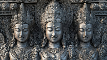 Detailed stone carvings of Buddha figures exude serenity and spirituality. The intricate workmanship captures the essence of ancient art, inviting contemplation and peace.の素材