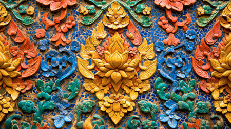 A vibrant and intricate floral relief carving featuring colorful lotus designs. Perfect for showcasing traditional craftsmanship and cultural aesthetics.の素材