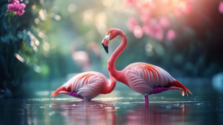 Two elegant flamingos stand gracefully in tranquil waters, surrounded by vibrant flora. A serene and colorful scene captures the essence of nature.の素材