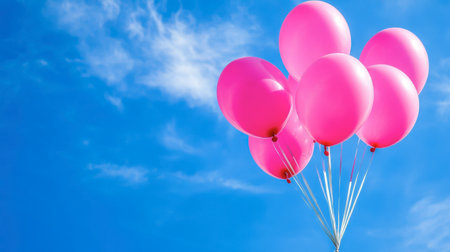 A collection of vibrant pink balloons floating against a clear blue sky, creating a joyful and uplifting scene perfect for celebrations and events.の素材