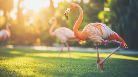 A serene scene of elegant flamingos gracefully standing on lush green grass, illuminated by warm sunlight, capturing the beauty of nature in a tropical setting.の素材