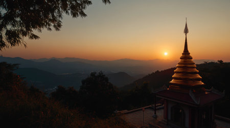 A breathtaking view of a mountain temple as the sun sets, casting warm colors across the serene landscape, embodying tranquility and spirituality.の素材