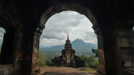 Capture the beauty of a serene temple view framed by an arched opening. Breathtaking landscape with mountains and dramatic skies evokes peace and reflection.の素材