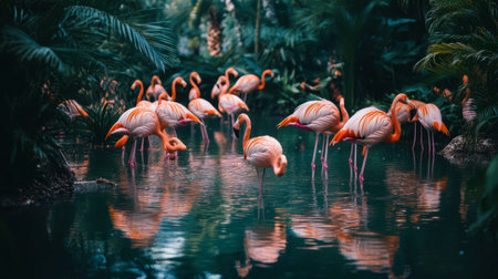 A serene scene featuring a group of pink flamingos wading in a tranquil lagoon surrounded by lush tropical foliage, showcasing nature's beauty and elegance.の素材