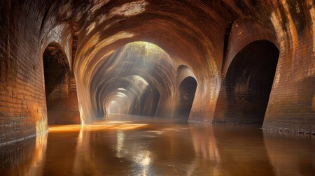 Explore a captivating underground waterway illuminated by soft beams of light. This serene space features textured brick walls and calm water reflections, inviting viewers to experience tranquility and the allure of hidden architecture.の素材