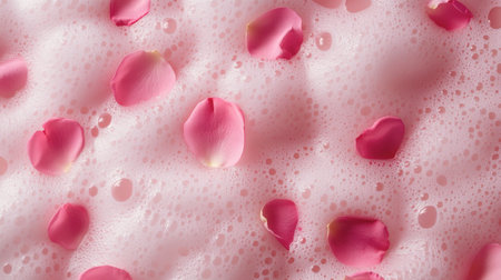 Delicate pink rose petals float gracefully atop soft soap bubbles, creating a serene and romantic ambiance perfect for wellness and beauty themes.の素材