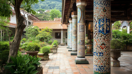 A serene courtyard showcasing colorful tiled pillars surrounded by lush greenery, ideal for relaxation and exploration in a tranquil setting.の素材