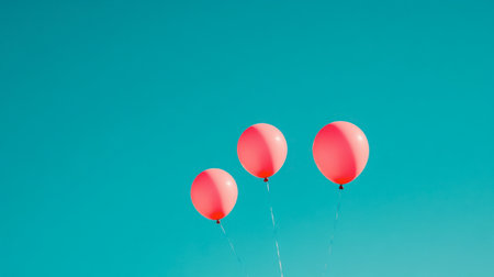 Three pink balloons float gracefully against a vibrant blue sky, symbolizing joy and celebration. Perfect for summer and festive themes.の素材