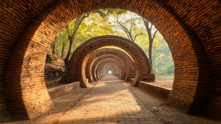 This image showcases an enchanting pathway lined with rustic brick arches, bathed in soft sunlight, framed by lush green trees, evoking a peaceful ambiance.の素材