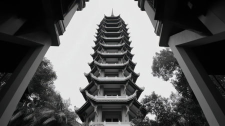A stunning black and white image of a traditional pagoda tower, showcasing intricate architecture framed by surrounding trees, perfect for cultural themes.の素材