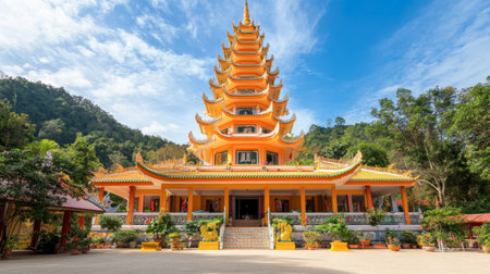 A stunning orange pagoda stands majestically against a blue sky, surrounded by lush greenery and distant mountains, creating a serene atmosphere for visitors.の素材