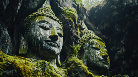 Discover a tranquil scene featuring ancient Buddha statues nestled in a moss-covered cave, surrounded by natureの素材