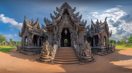 A stunning panoramic view of an intricately designed temple in Thailand, showcasing detailed sculptures and serene surroundings under a clear sky.の素材