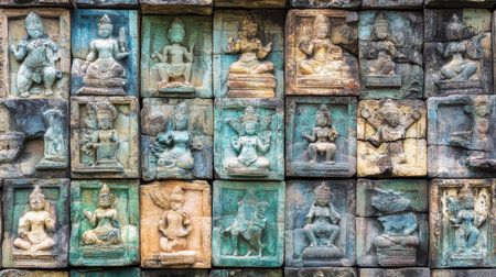 Discover the beauty of intricate ancient sculptures displayed on a weathered stone wall, showcasing exquisite artistry and rich cultural heritage in this historic environment.の素材