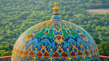Stunning view of a colorful mosaic dome, adorned with intricate patterns, set against a backdrop of lush green landscape, showcasing architectural beauty.の素材