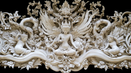 This stunning artwork showcases intricate carvings of divine figures and mythical birds, highlighting exceptional craftsmanship and artistic detail in a harmonious design.の素材