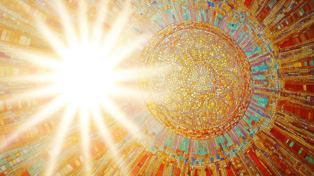A vibrant abstract image showcasing radiant light shining through intricate mosaic patterns, creating a warm and inviting atmosphere infused with energy and beauty.の素材