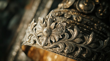 Captivating close-up of an intricate silver floral design on a historical artifact, showcasing exquisite craftsmanship and rich cultural heritage.の素材
