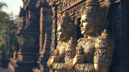 Stunning golden statues stand guard at an ancient temple, illuminated by soft sunset light, showcasing intricate craftsmanship and serene beauty.の素材