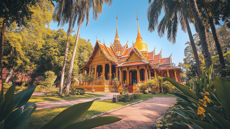 A stunning temple with golden spires set amidst lush gardens and palm trees, showcasing the beauty of Thai architecture and serene nature.の素材