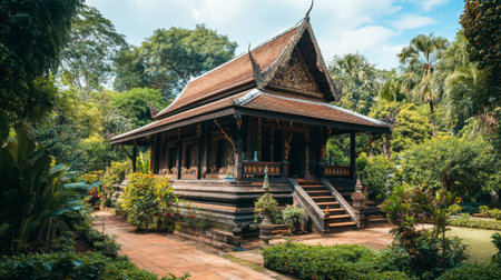 A beautiful traditional house set in a lush garden, surrounded by vibrant greenery and trees. This serene scene captures the essence of tranquility and cultural heritage.の素材