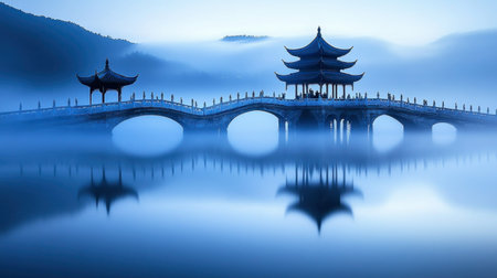 A picturesque pagoda bridge stretches over a tranquil lake, enveloped in soft mist. The serene blue tones create a dreamlike atmosphere for nature lovers.の素材