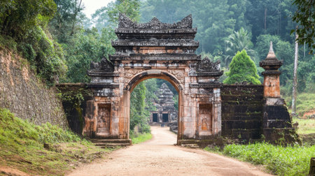 Explore an ancient stone gate nestled in lush greenery, leading to historical ruins. A serene pathway invites adventure in this tranquil landscape.の素材