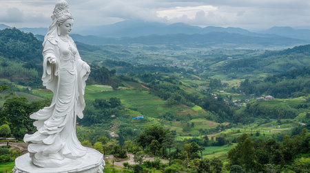 A stunning statue of a serene goddess overlooks a lush green valley. Surrounded by misty mountains, this peaceful setting embodies tranquility and reflection.の素材
