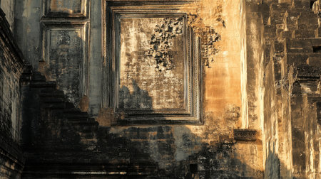 A close-up of an ancient wall showcasing rich texture and shadows. The interplay of light and shadow highlights the weathered detail, evoking history.の素材