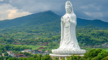 A stunning statue of Guanyin standing majestically against a lush mountain backdrop, symbolizing peace and spirituality in a serene landscape.の素材